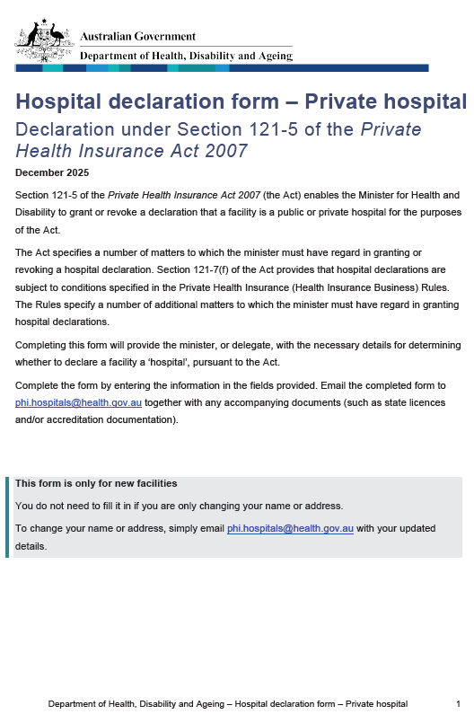 Cover page for the Hospital declaration form – Private hospital