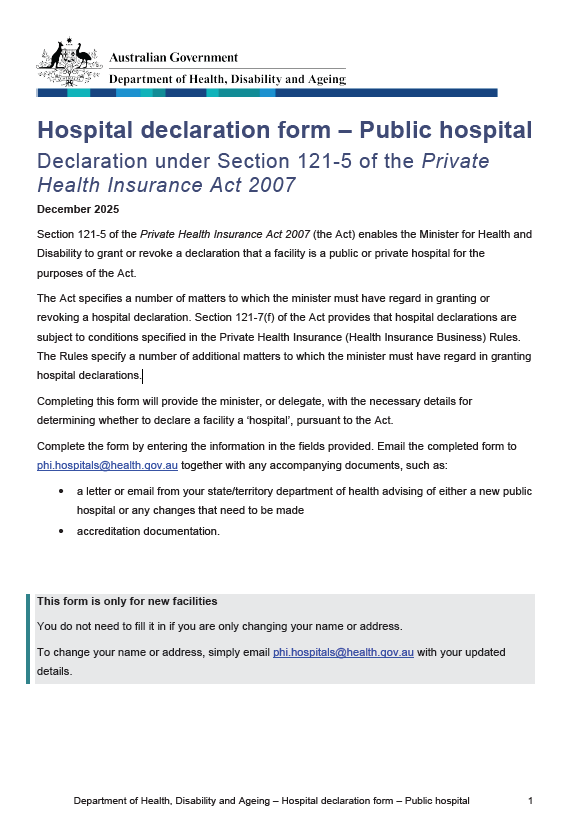 Hospital declaration form – Public hospital cover page