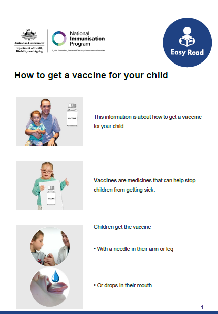 Cover page of the How to get a vaccine for your child Easy Read fact sheet