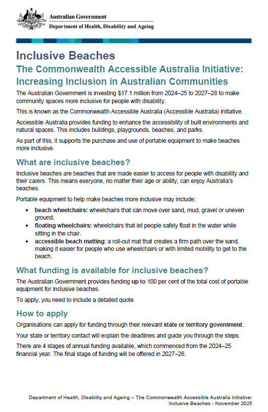 Cover page for the Inclusive beaches fact sheet