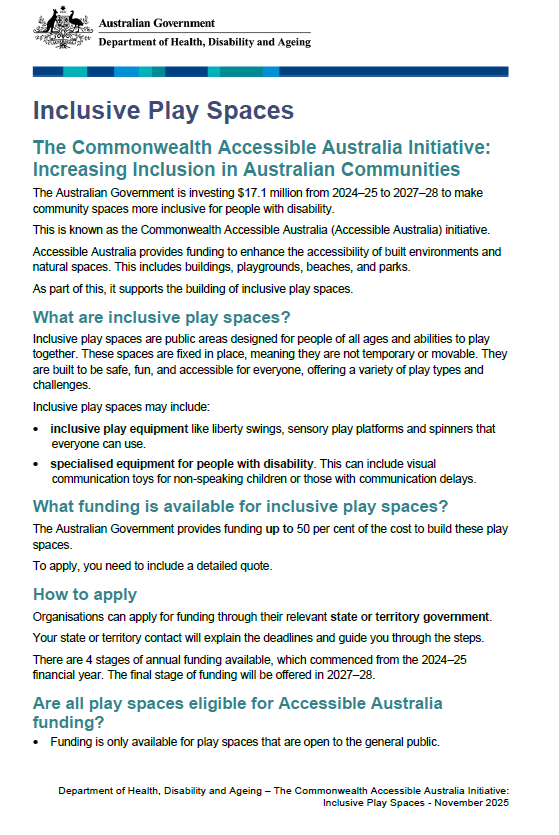 Cover page for the the Inclusive play space fact sheet