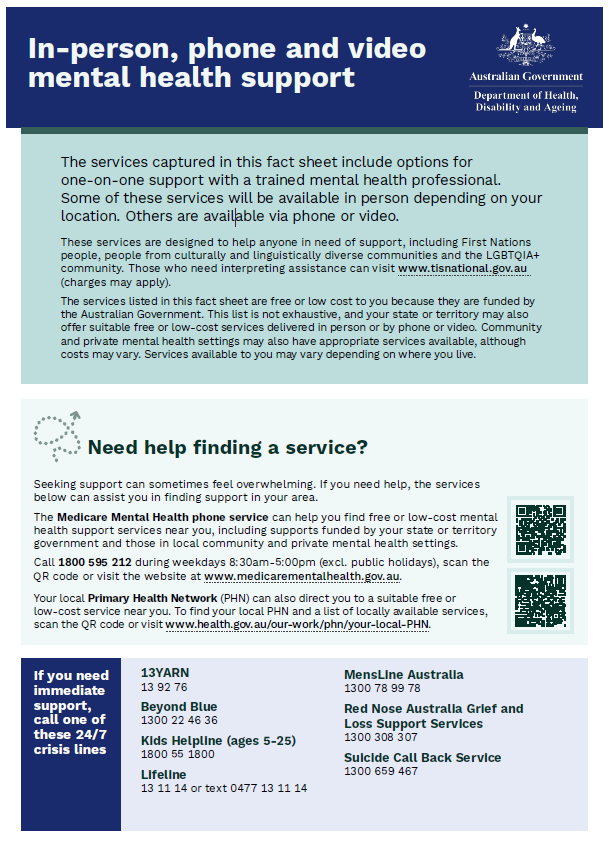 Cover page for the In-person, phone and video mental health support