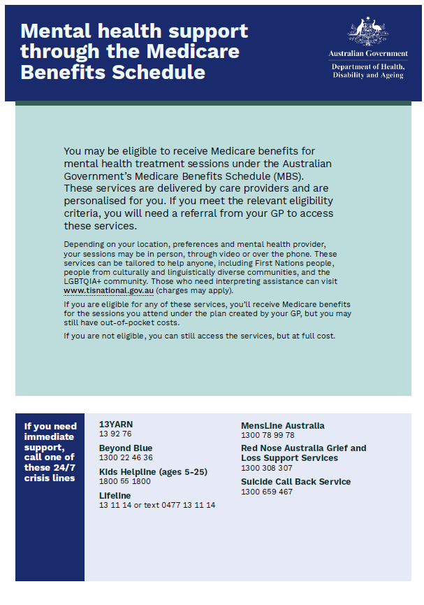 Cover page for the Mental health support through the Medicare Benefits Schedule