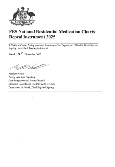 Cover page for the PBS National Residential Medication Charts Repeal Instrument 2025
