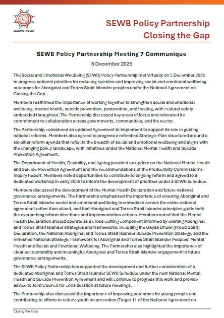Social and Emotional Wellbeing Policy Partnership communique – Meeting 7