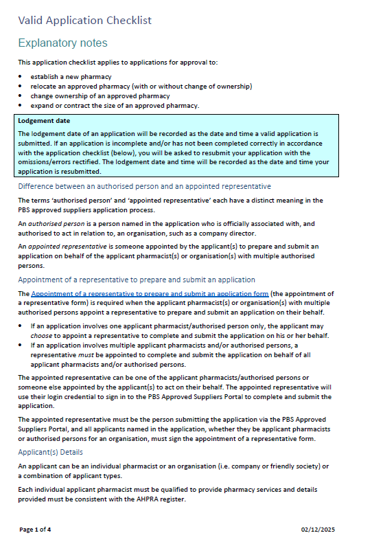 Cover page of the Valid Application Checklist