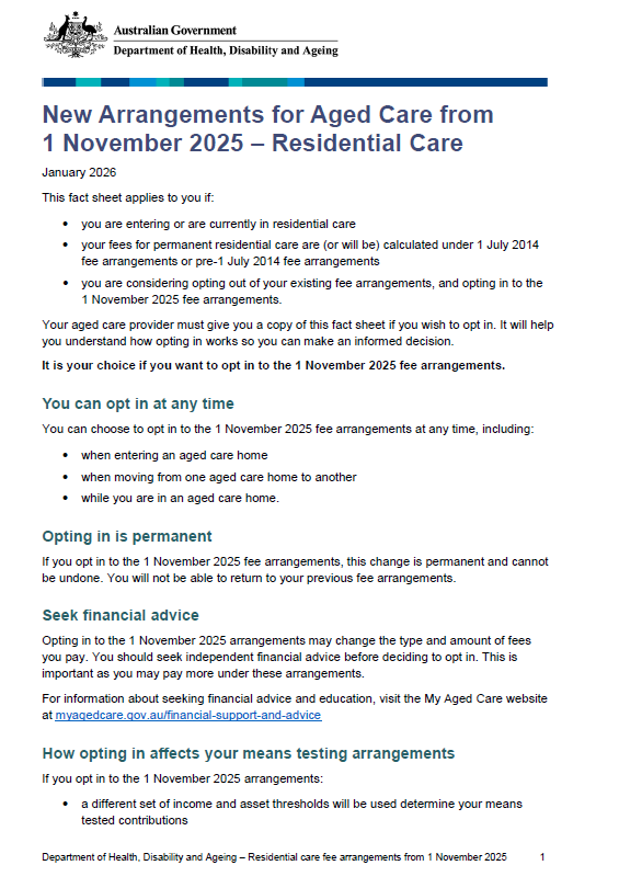 New Arrangements for Aged Care from 1 November 2025 – Residential Care ...