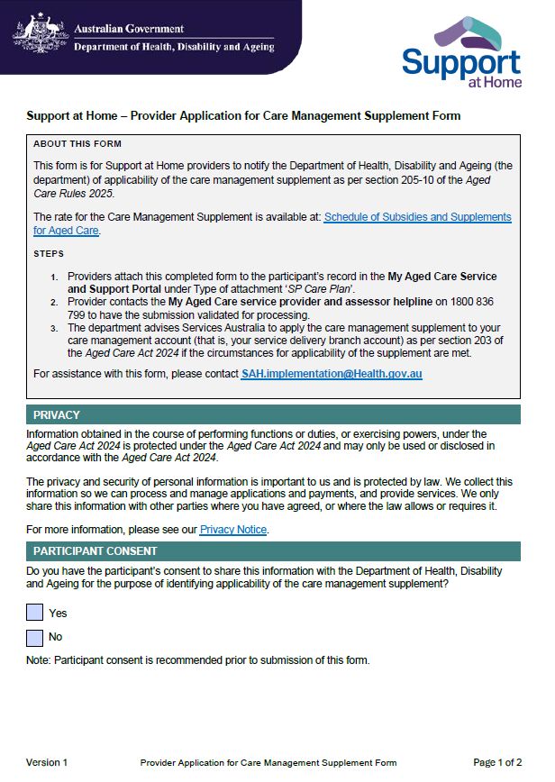 Provider Application Provider Application for Care Management Supplement – Form | Australian ...