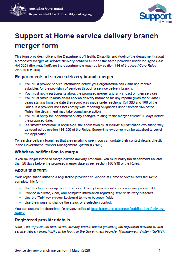 Merging Application Form Service delivery branch merger form | Australian Government Department ...