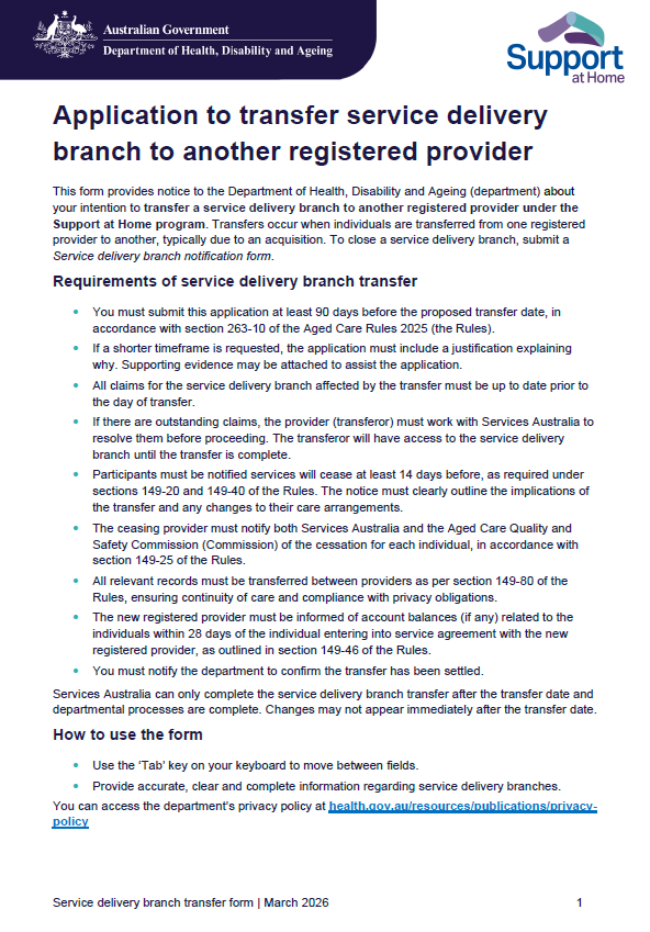 Service delivery branch transfer form | Australian Government ...