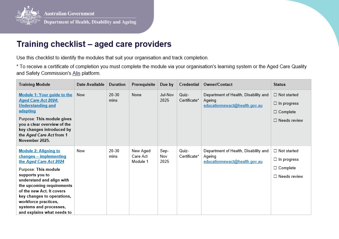 Training Provider Qld Training checklist – aged care providers | Australian Government ...