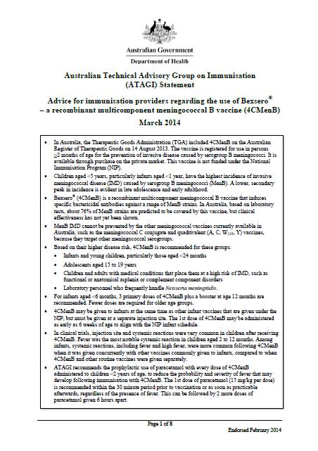 Cover of ATAGI advice on the use of Bexsero® vaccine