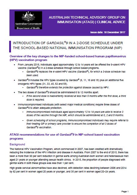 ATAGI advice: Gardasil®9 in the school-based NIP