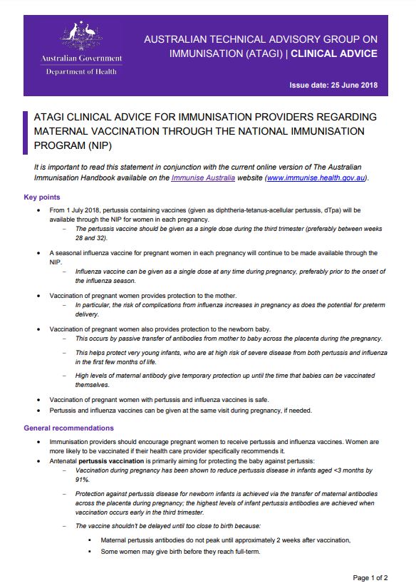 ATAGI advice maternal vaccination