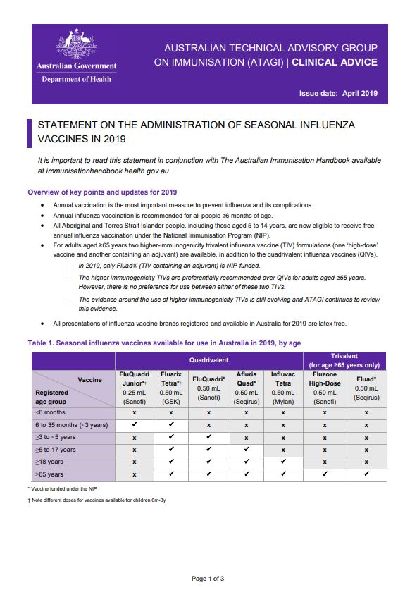 ATAGI advice on seasonal influenza vaccines in 2019