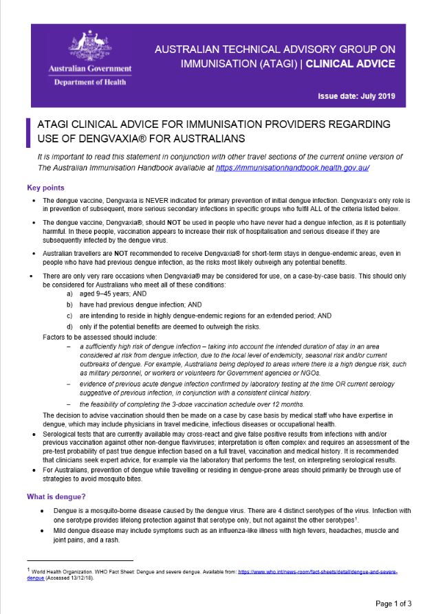 ATAGI advice on the use of Dengvaxia® for Australians