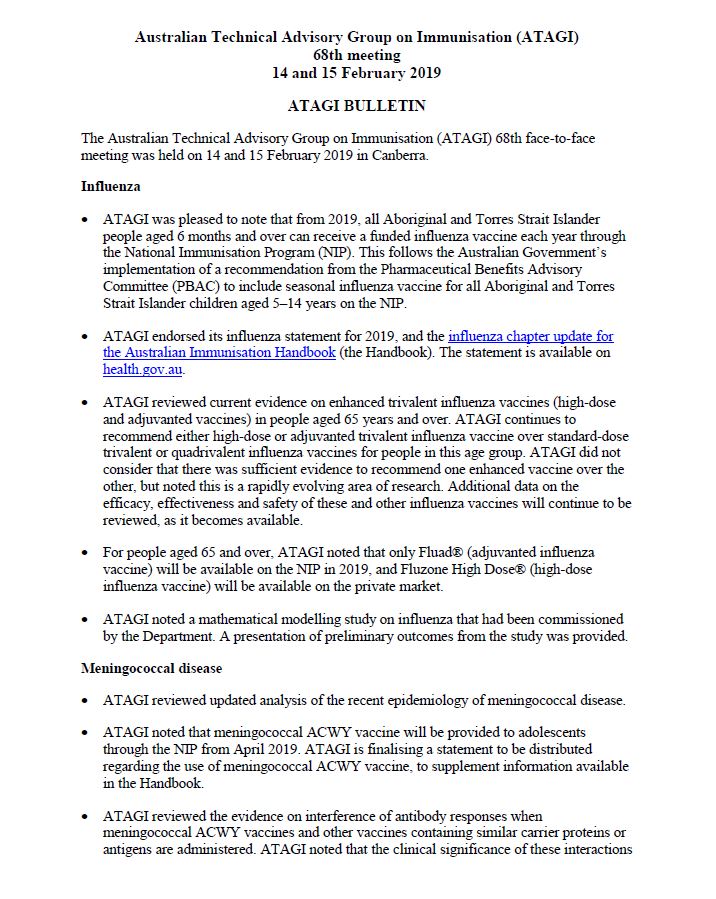 ATAGI Bulletin for the 68th Meeting, 14-15 February 2019 