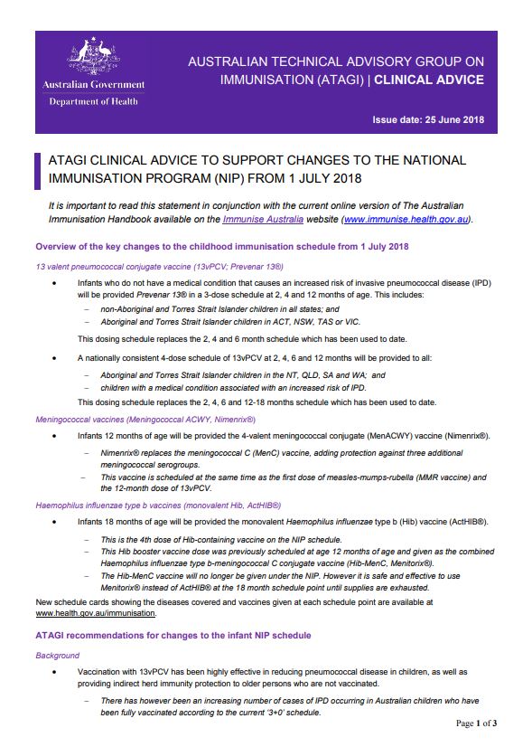 ATAGI clinical advice NIP schedule changes from 1 July 2018