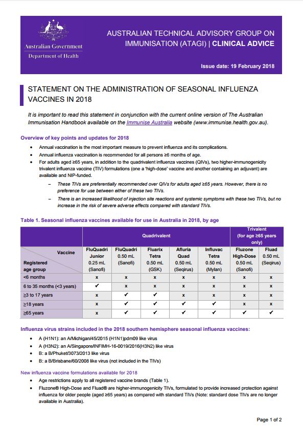 ATAGI Factsheet Influenza 2018 health professionals