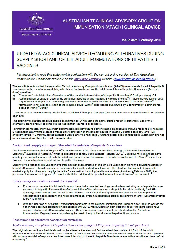 ATAGI Factsheet Hep B 2018 Health Professionals