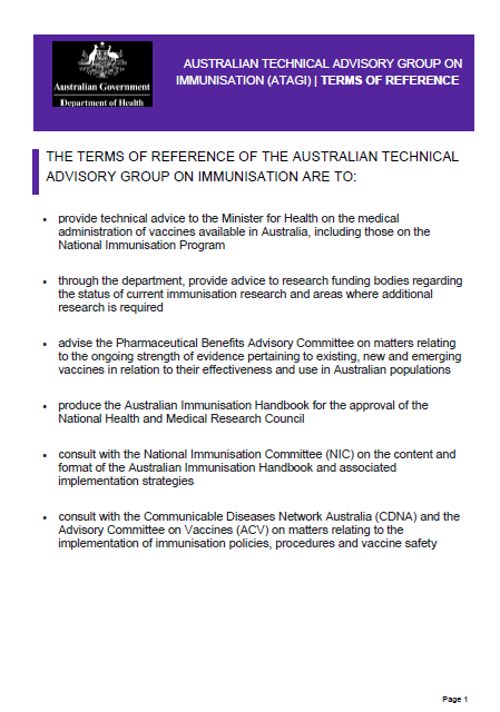 Cover of ATAGI Terms of Reference