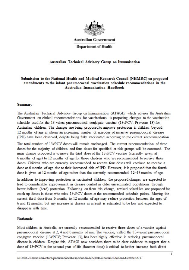 ATAGI submission to the NHMRC re infant pneumococcal vaccination schedule