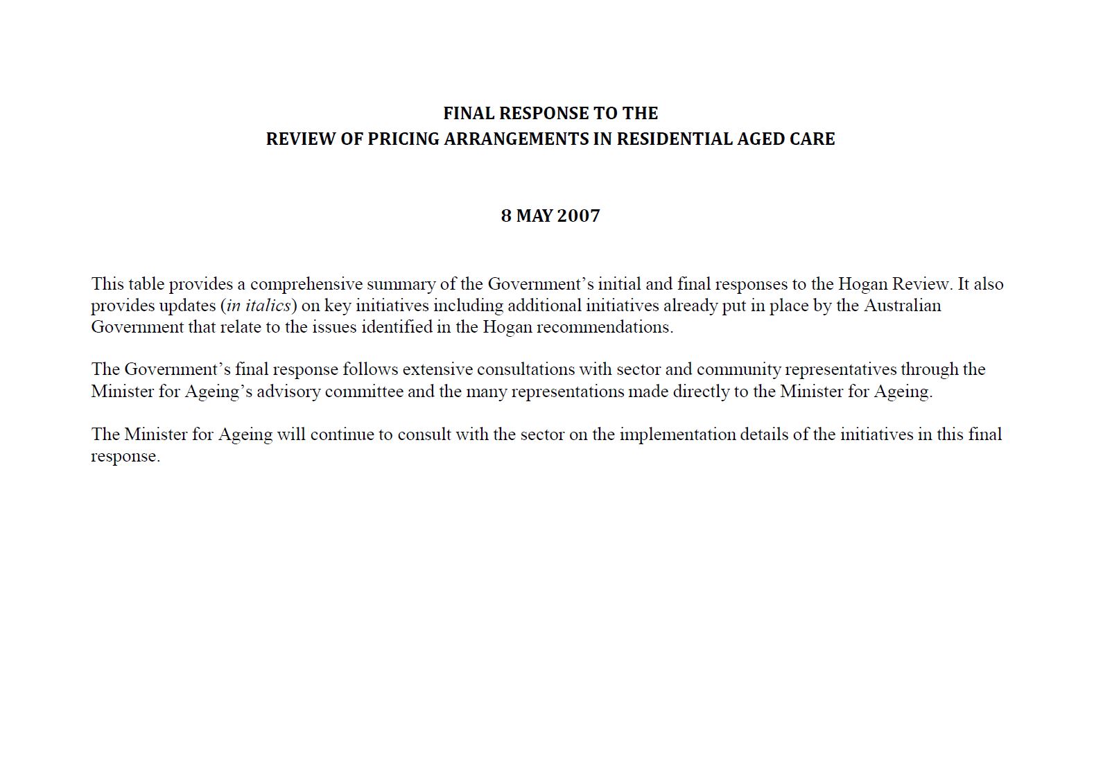 Cover image for Australian Government response to the Review of Pricing Arrangements in Residential Aged Care – 'Hogan Review'