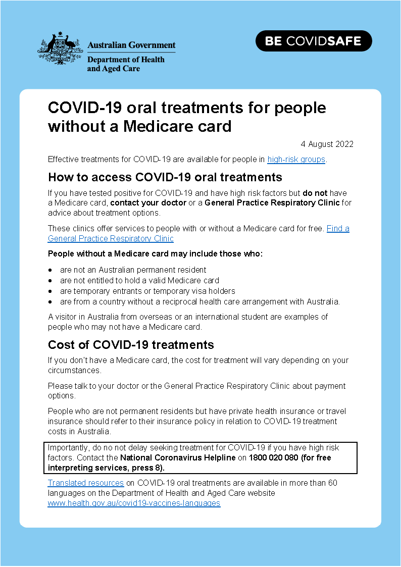 COVID-19 oral treatments for people without a Medicare card