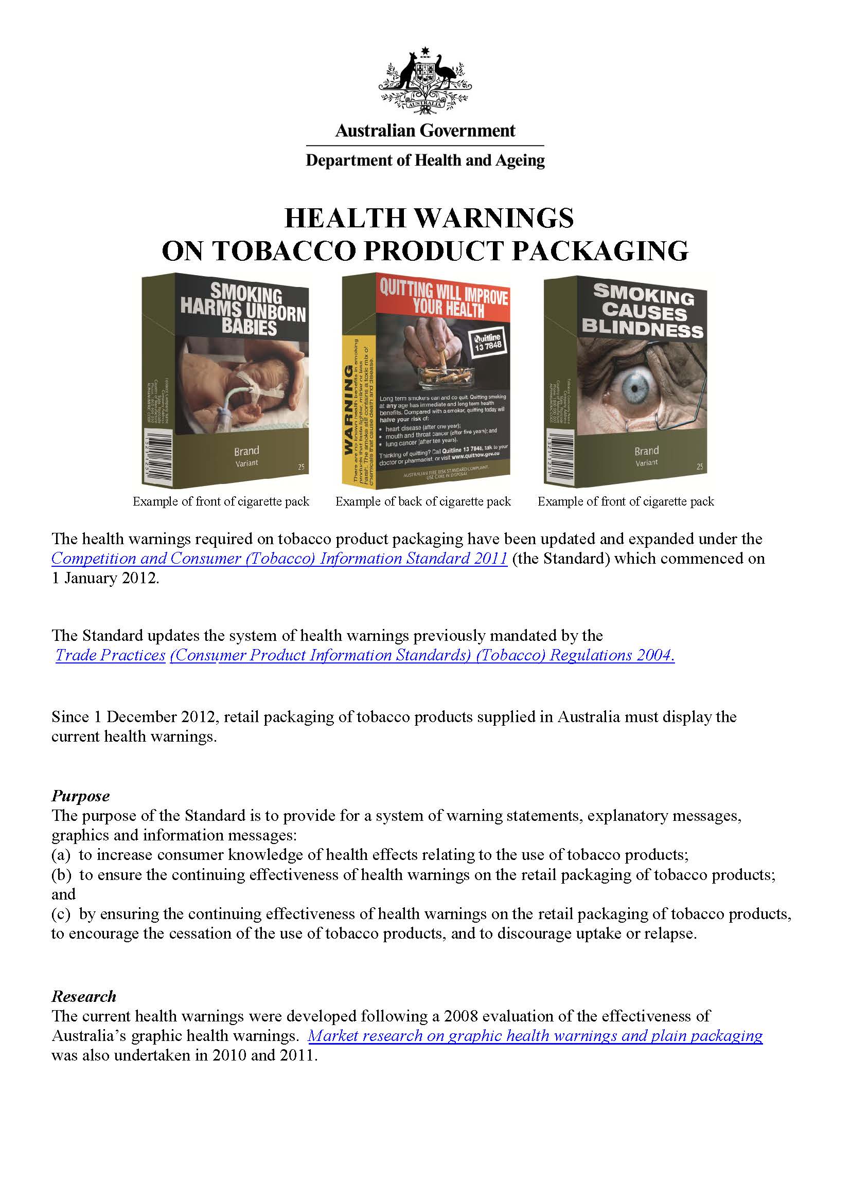 Cover image for Health warnings on tobacco product packaging