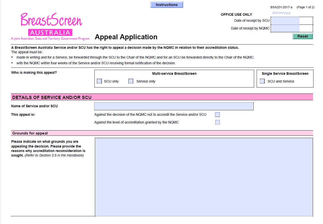 Cover image for BreastScreen Australia – Appeal application.