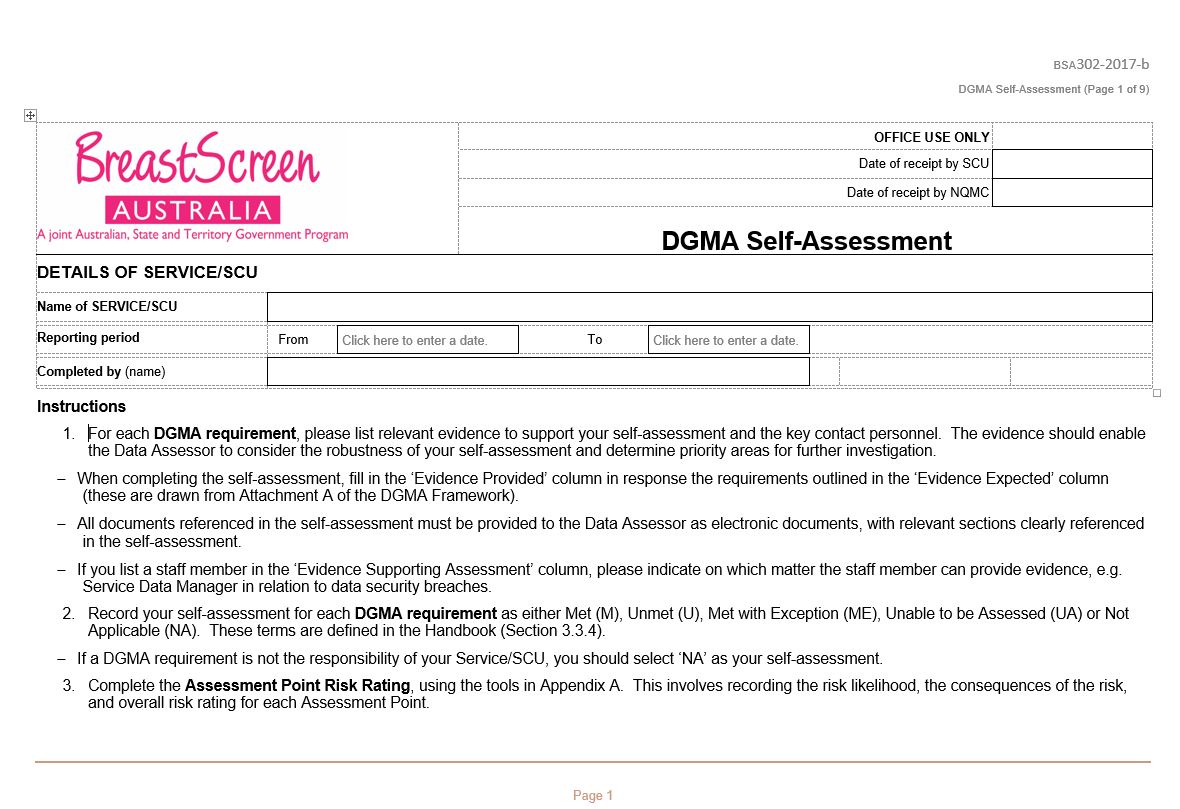 Cover image for BreastScreen Australia – DGMA self-assessment.