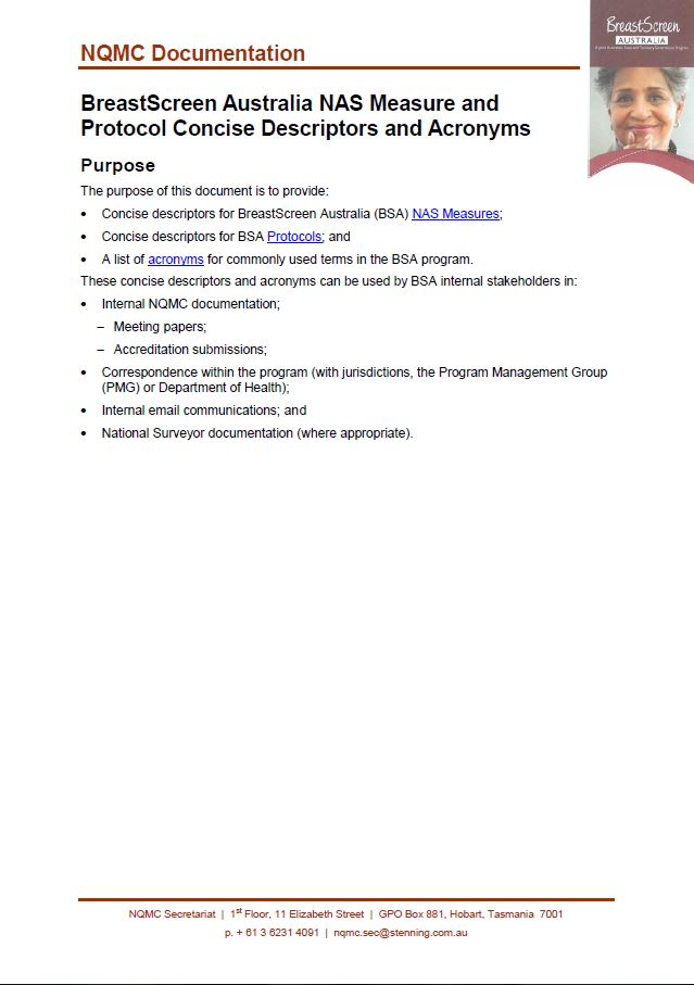 Cover image for BreastScreen Australia NAS Measure and Protocol Concise Descriptors and Acronyms.