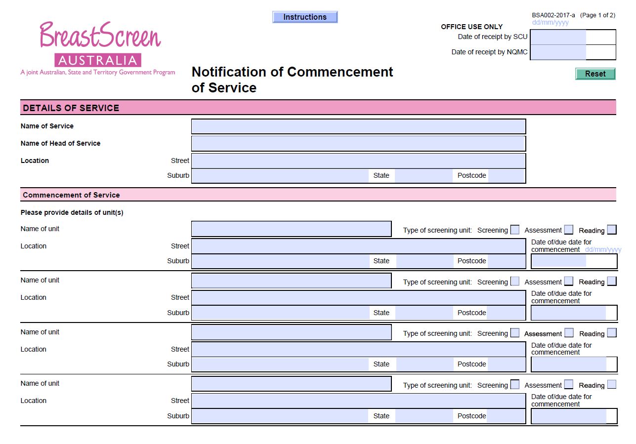 Cover image for BreastScreen Australia – Notification of commencement of service.