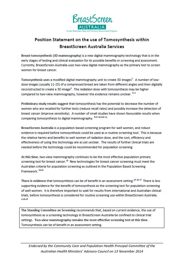 BreastScreen Australia – Position statement on the use of tomosynthesis within breast screening