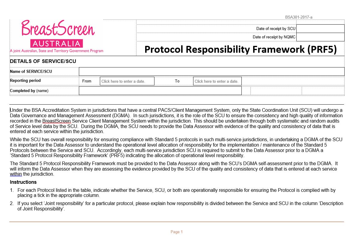 BreastScreen Australia – Standard 5 Protocol Responsibility Framework (PRF5)