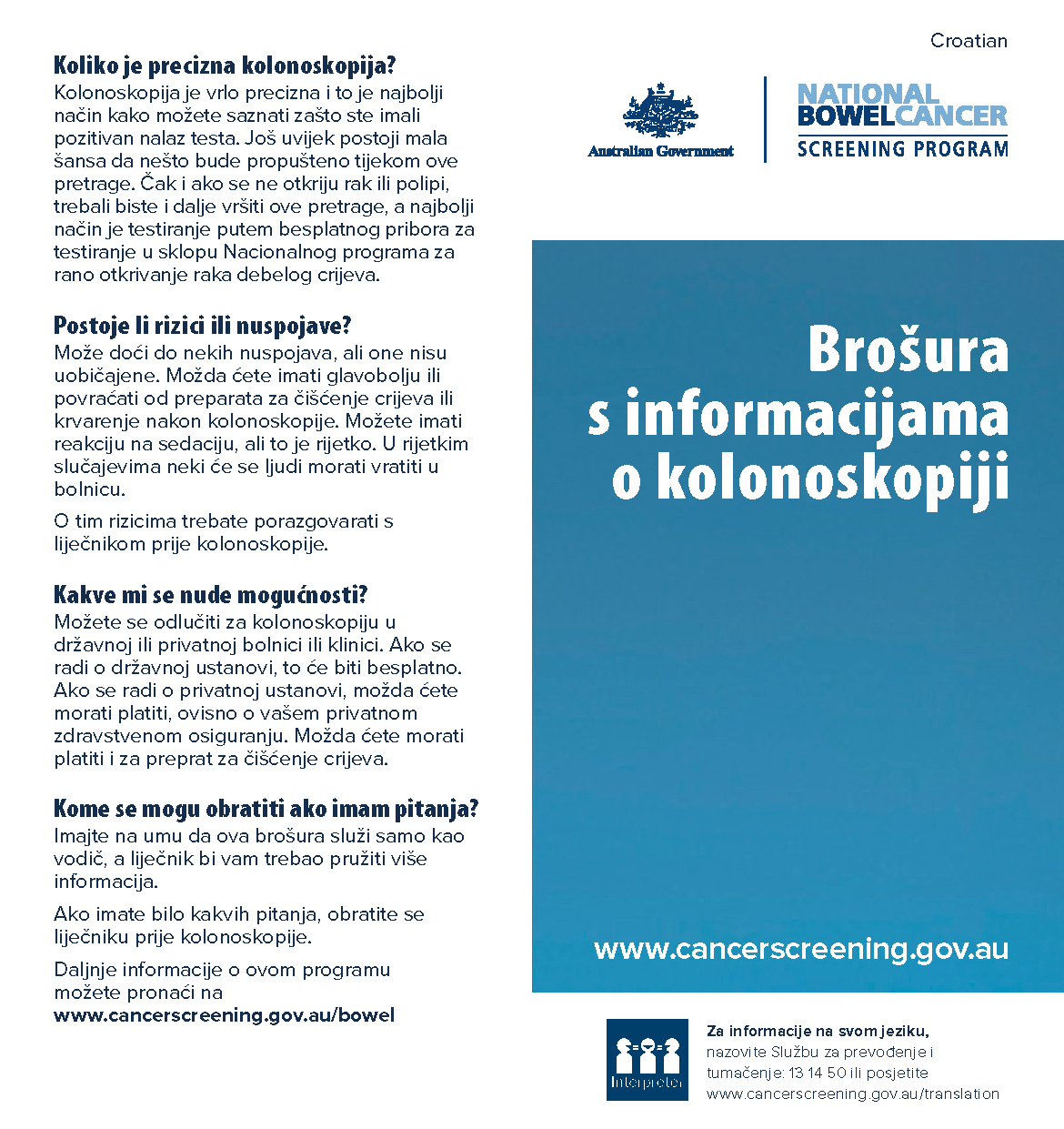 Cover image for National Bowel Cancer Screening Program – colonoscopy brochure (Croatian).