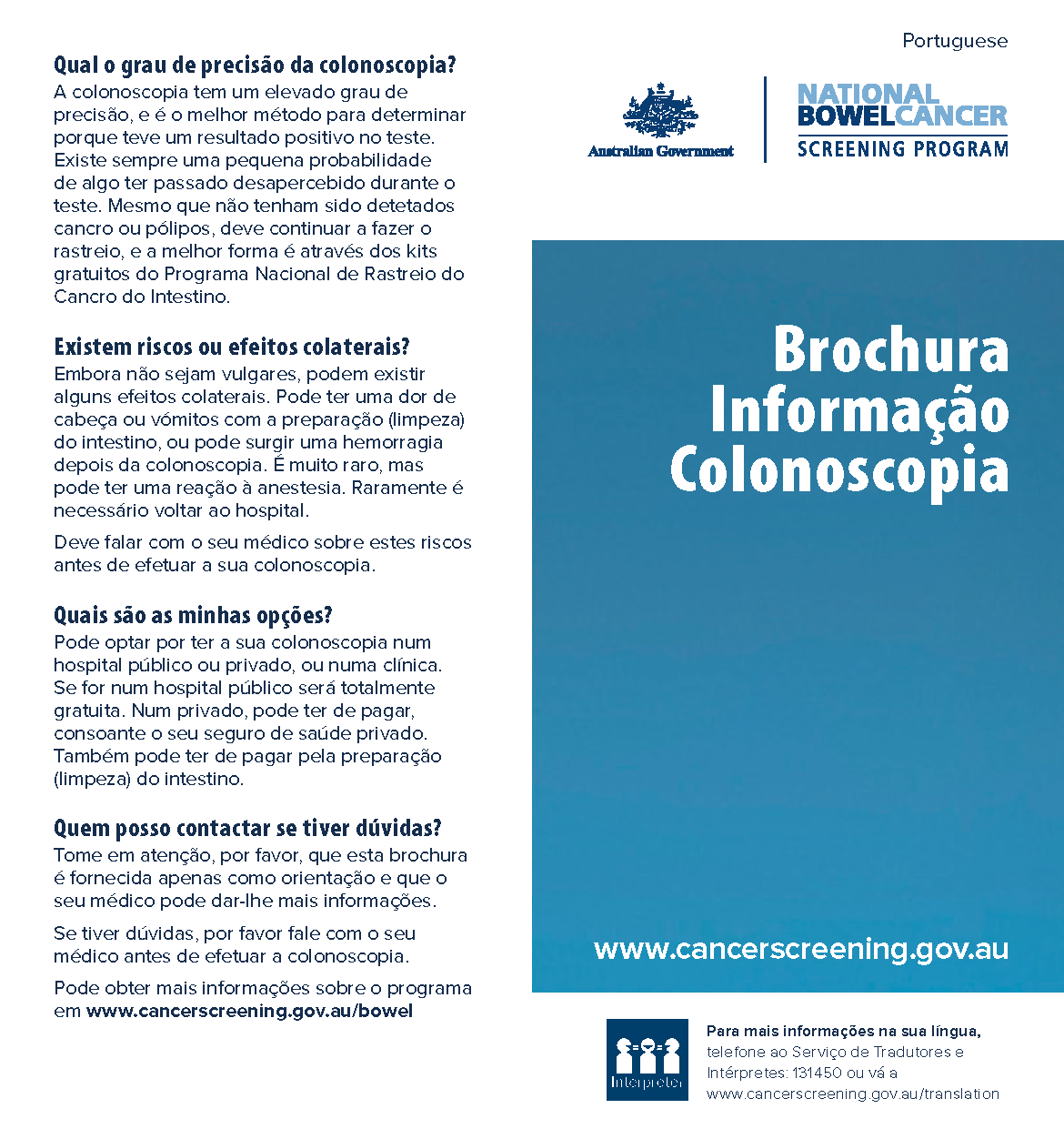 Cover image for National Bowel Cancer Screening Program – colonoscopy brochure (Portuguese).