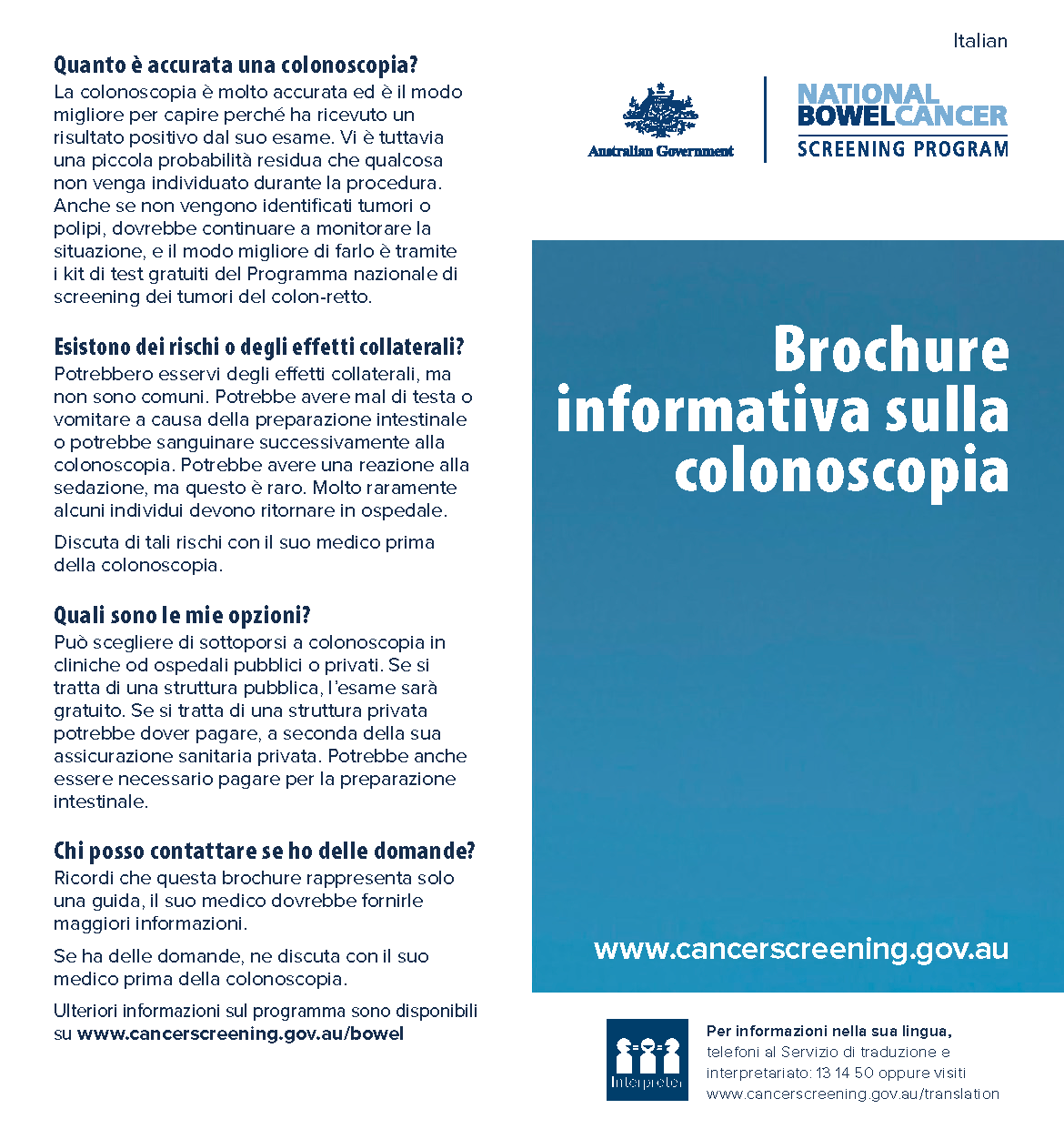 Cover image for National Bowel Cancer Screening Program – colonoscopy brochure (Italian).