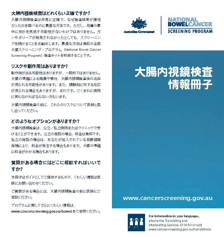 Cover image for National Bowel Cancer Screening Program – colonoscopy brochure (Japanese).