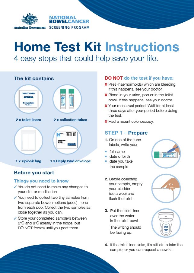 National Bowel Cancer Screening Program home test kit instructions