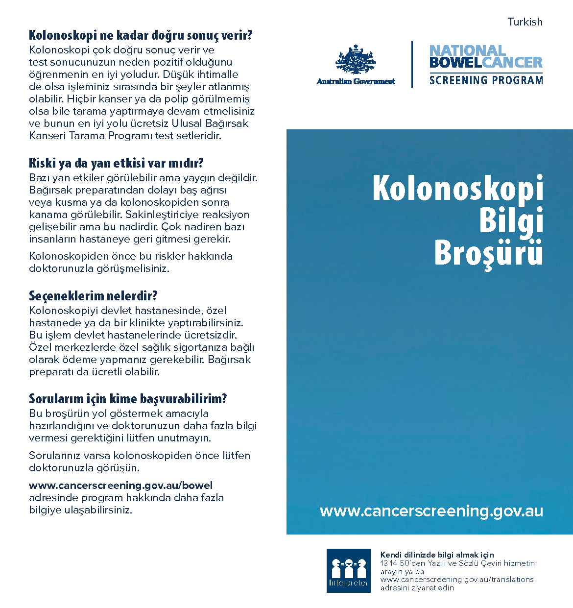 Cover image for National Bowel Cancer Screening Program – colonoscopy brochure (Turkish).