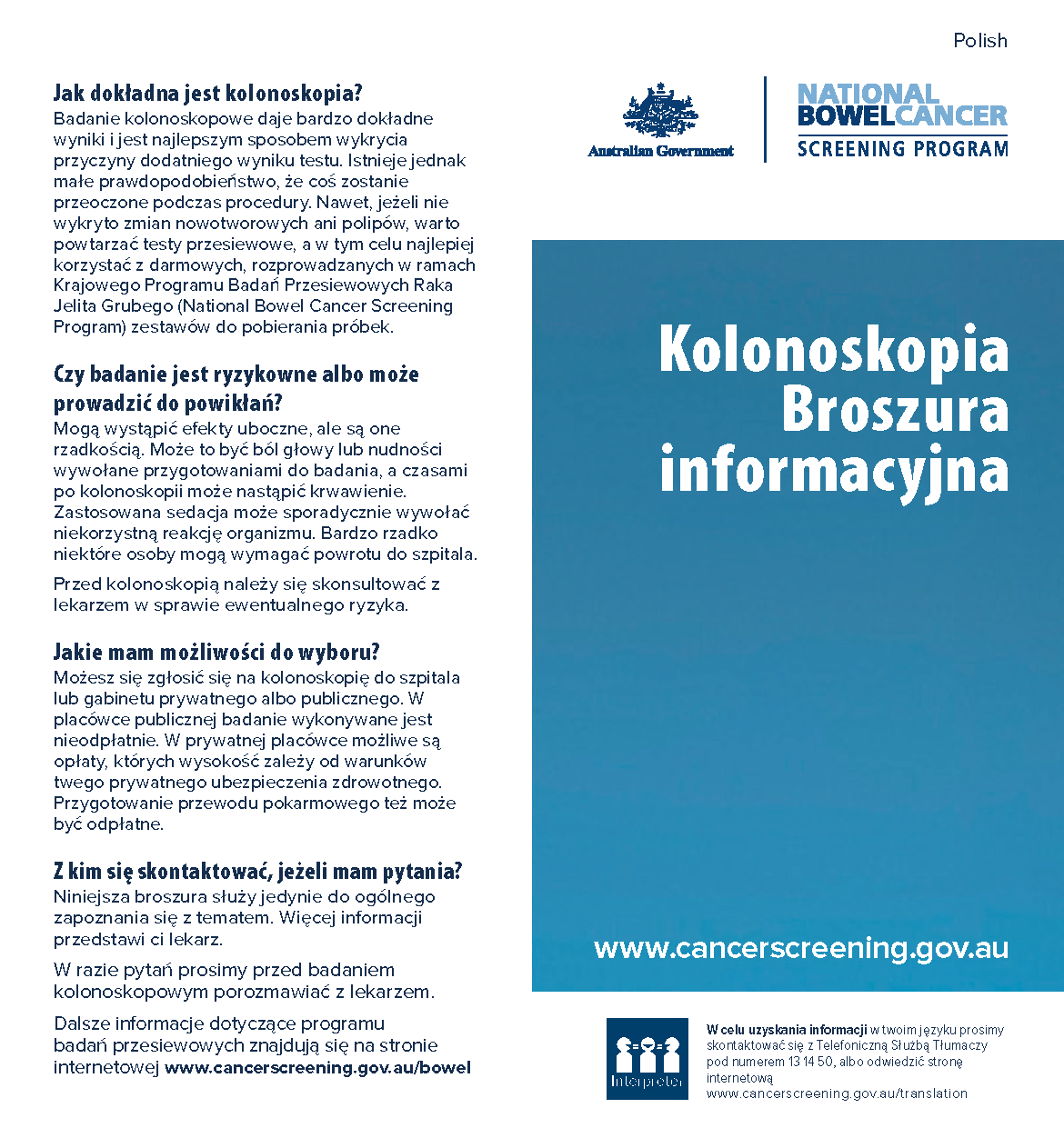 Cover image for National Bowel Cancer Screening Program – colonoscopy brochure (Polish).