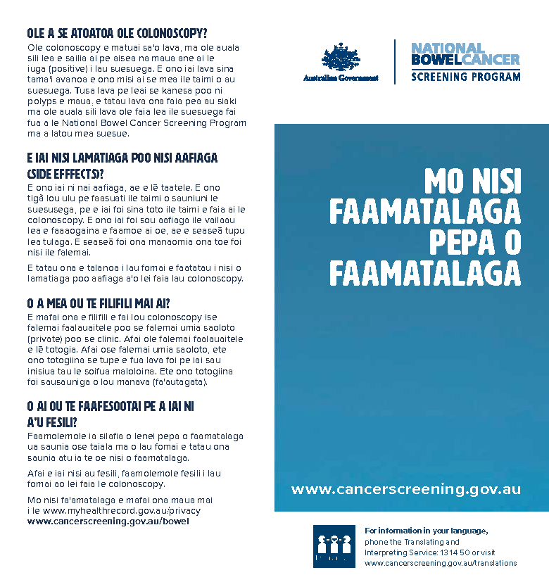 Cover image for National Bowel Cancer Screening Program – colonoscopy brochure (Samoan).