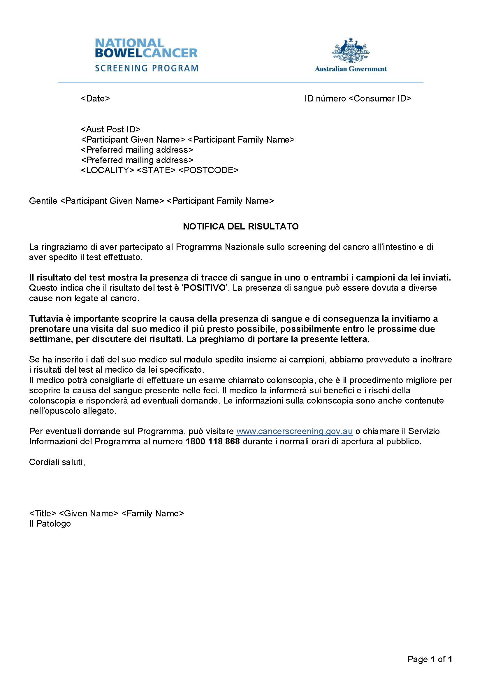 Cover image for National Bowel Cancer Screening Program – Results notification letter – positive (Italian).