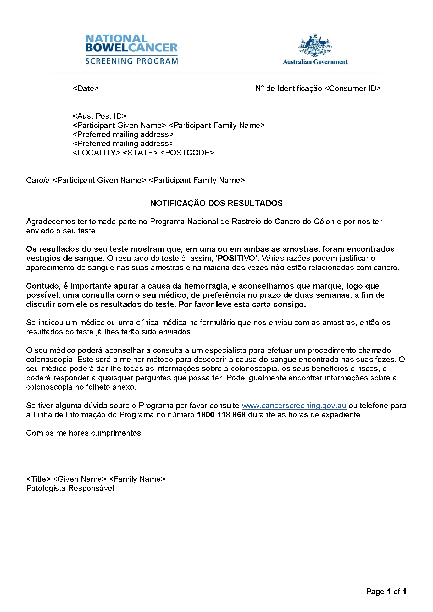 Cover image for National Bowel Cancer Screening Program – Results notification letter – positive (Portuguese).