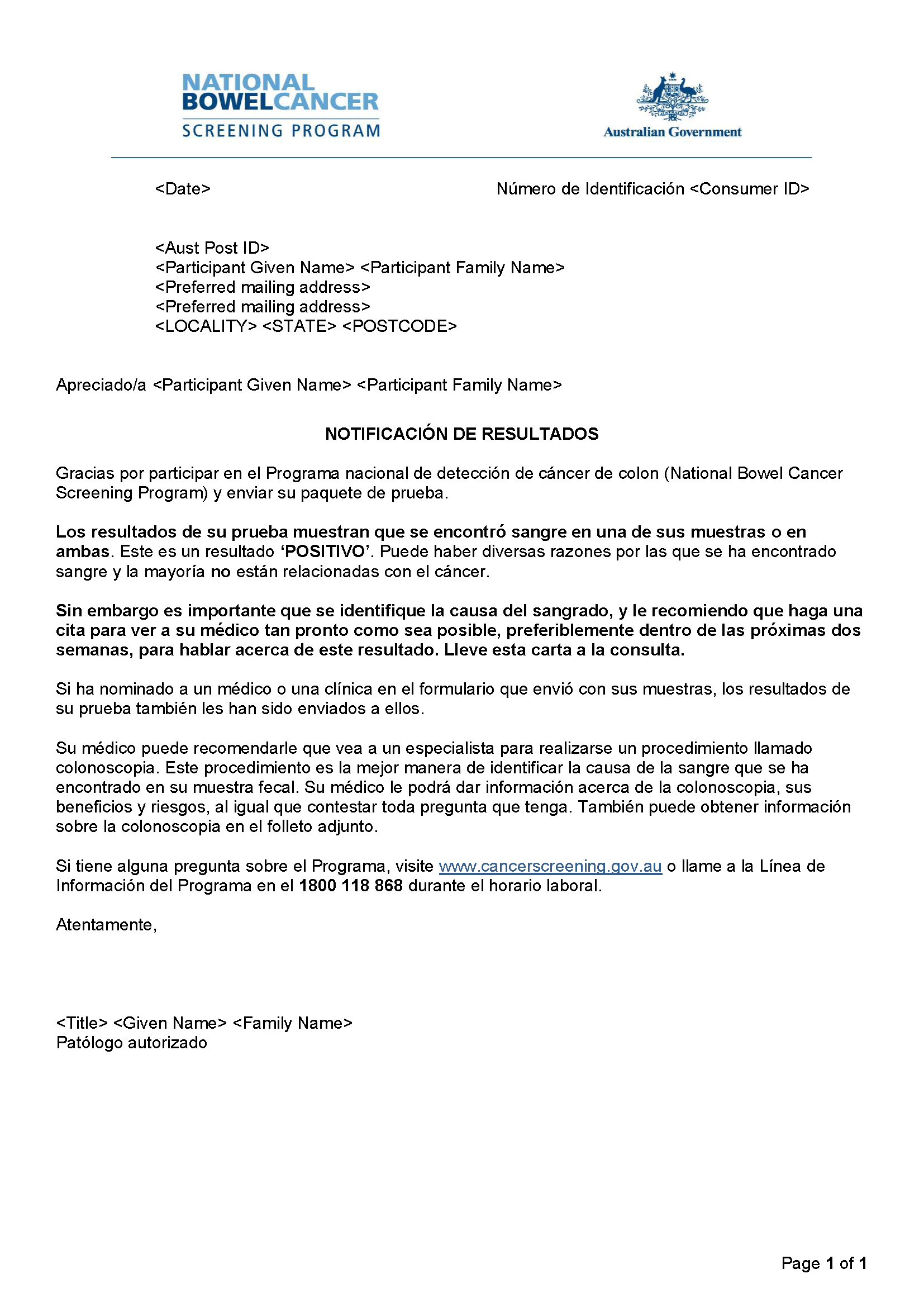 Cover image for National Bowel Cancer Screening Program – Results notification letter – positive (Spanish).