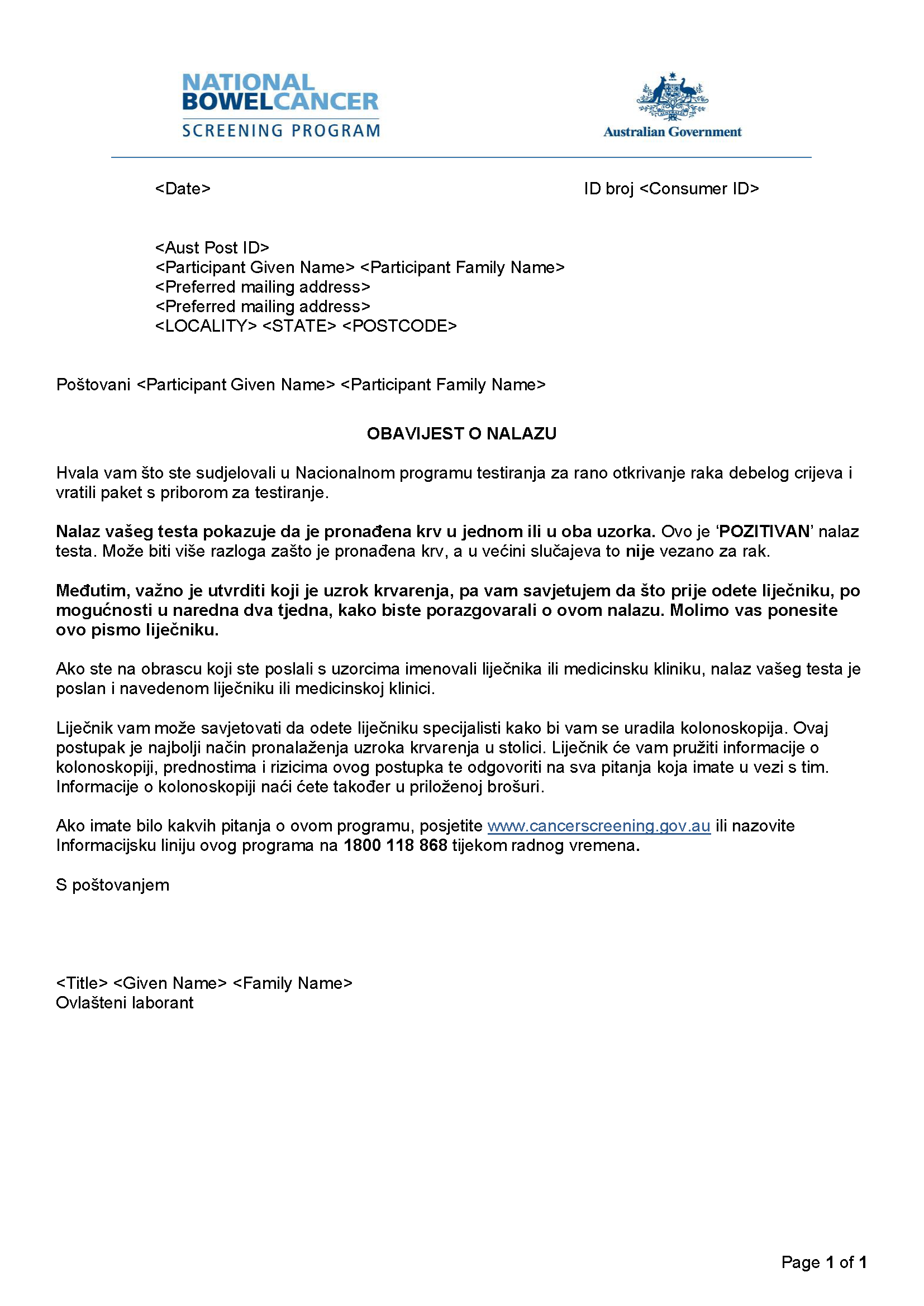 Cover image for National Bowel Cancer Screening Program – Results notification letter – positive (Croatian).