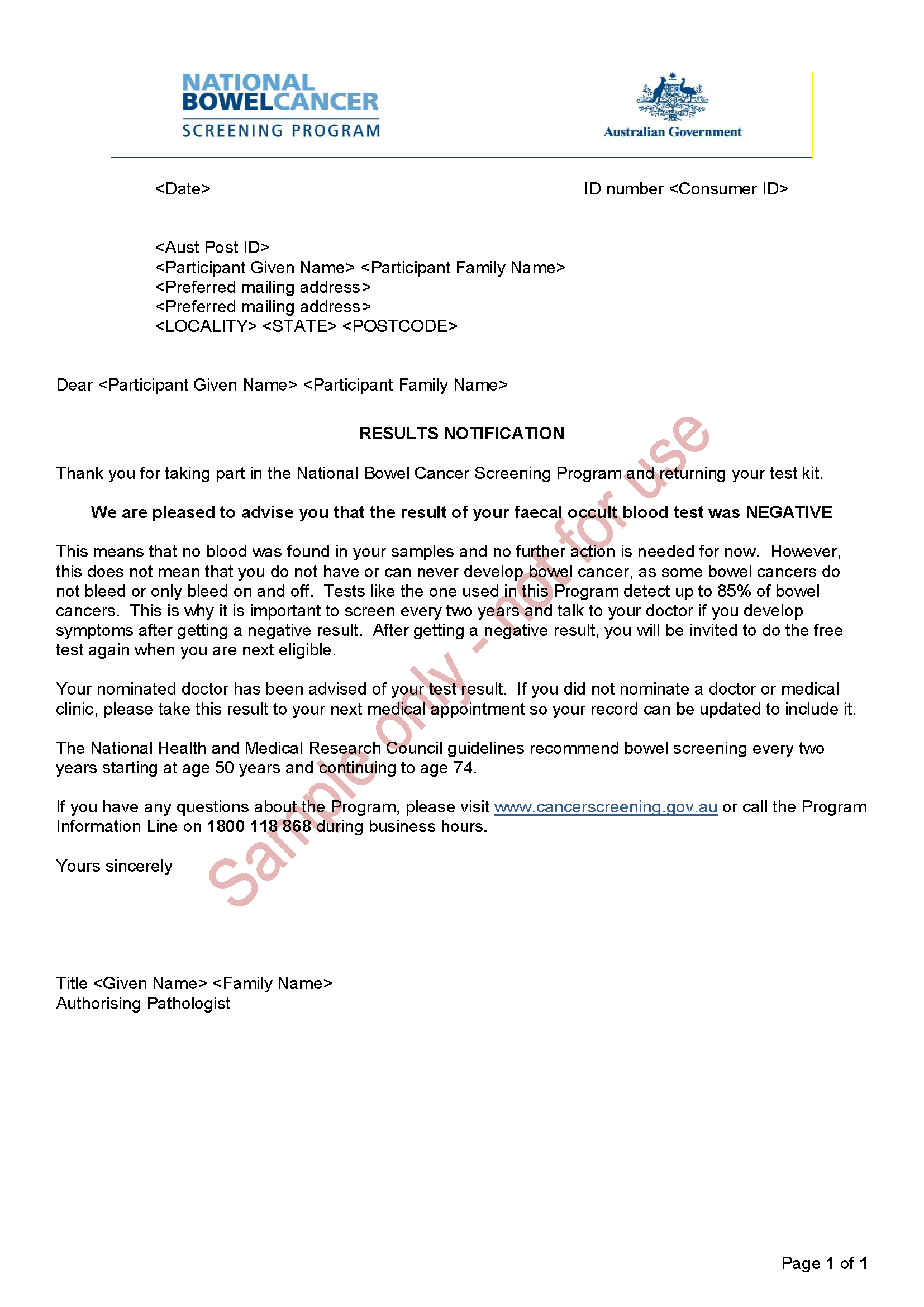 National Bowel Cancer Screening Program – Results notification letter – negative