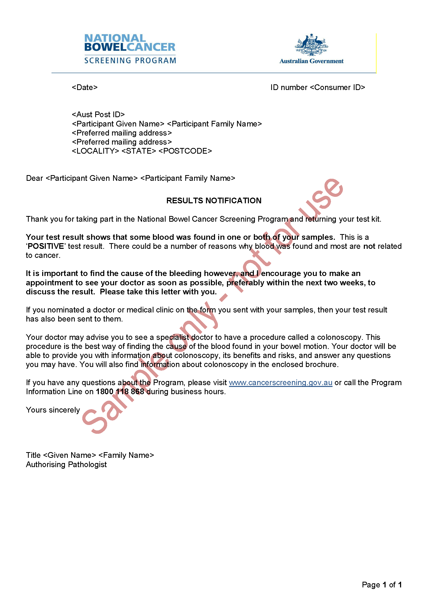 Cover image for National Bowel Cancer Screening Program – Results notification letter – positive.