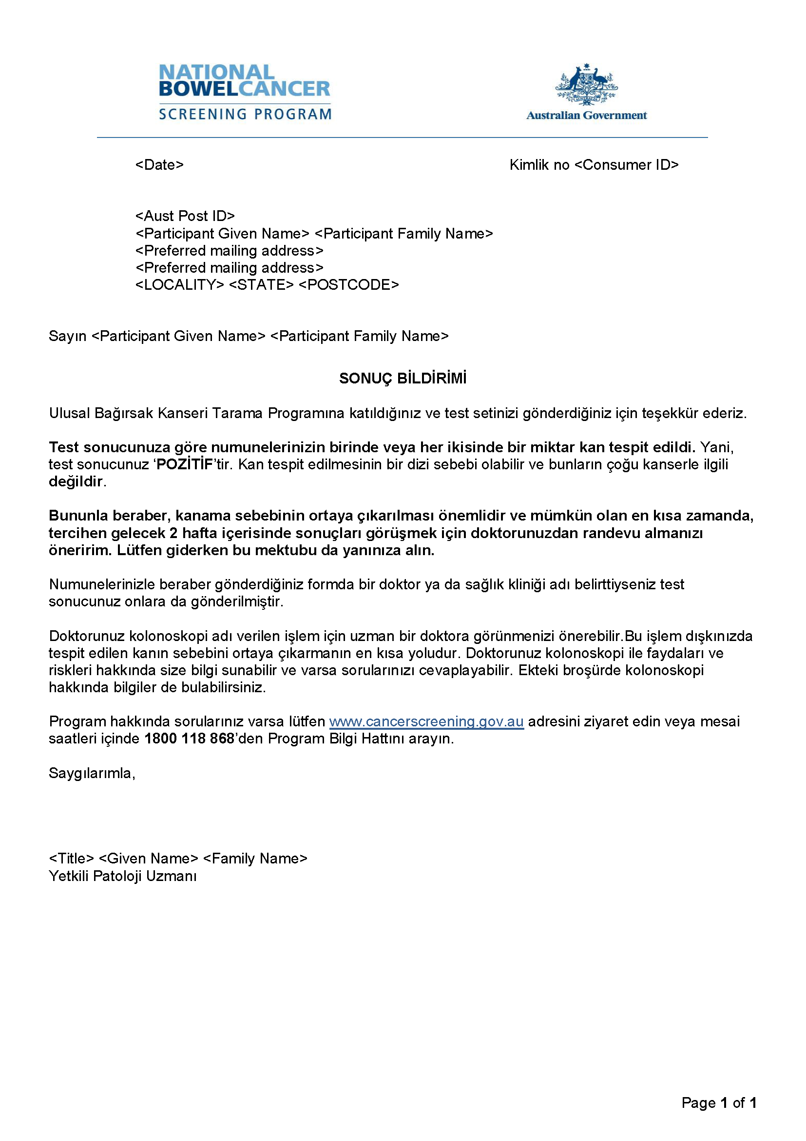 Cover image for National Bowel Cancer Screening Program – Results notification letter – positive (Turkish).